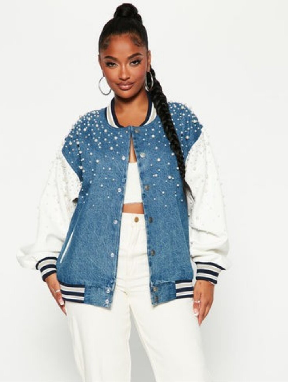 Non StretchAfter Class Pearl Embellished Denim Bomber Jacket - Medium Wash